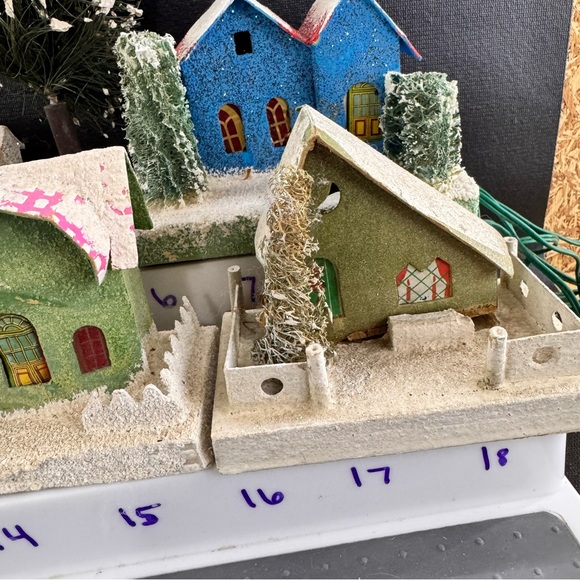 Set Of 11 Vintage Putz Houses Churches Beaded Bottle Brush Trees Japan - Picture 9 of 16